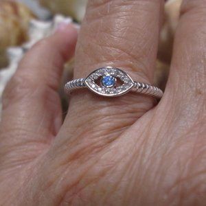 925 Sterling Silver Aquamarine EVIL EYE Ring> Sparkling CZ's> Minimalist Design